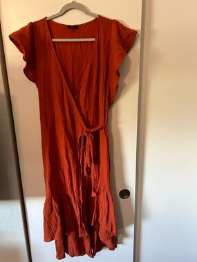 DREW Rust Orange Wrap Midi Dress with Tie Waist and Flutter Sleeves